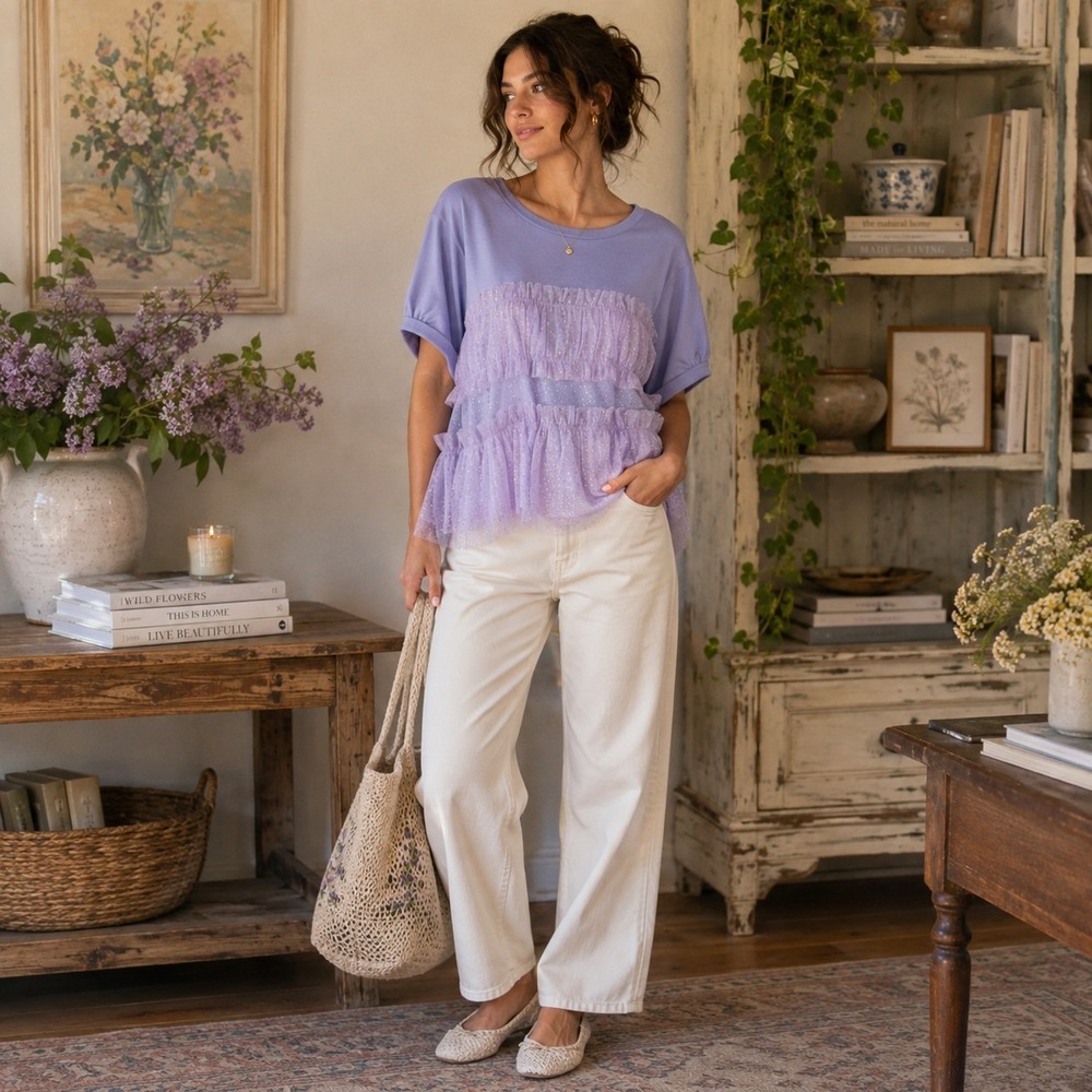 Maeve Anthropologie Smocked Top XL Lavender Ruffles Shimmery Glitter Fairy NWT
